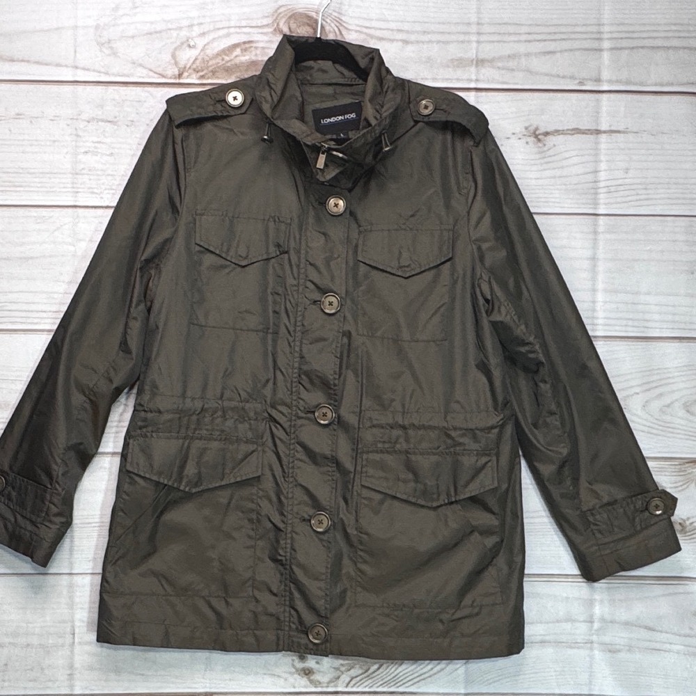 London Fog Olive Green Iridescent Womens Utility Field Windbreaker Jacket Large